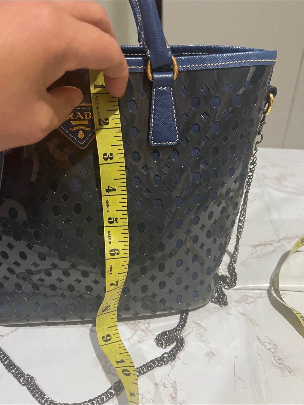Prada Navy Perforated Patent Leather Shoulder Tote with Chain Strap - Picture 10 of 10